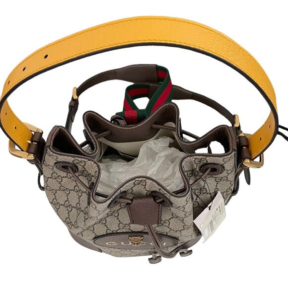 New GUCCI Neo Vintage GG Supreme Bucket Backpack Tiger Head Logo Drawstring Tan - Picture 8 of 16